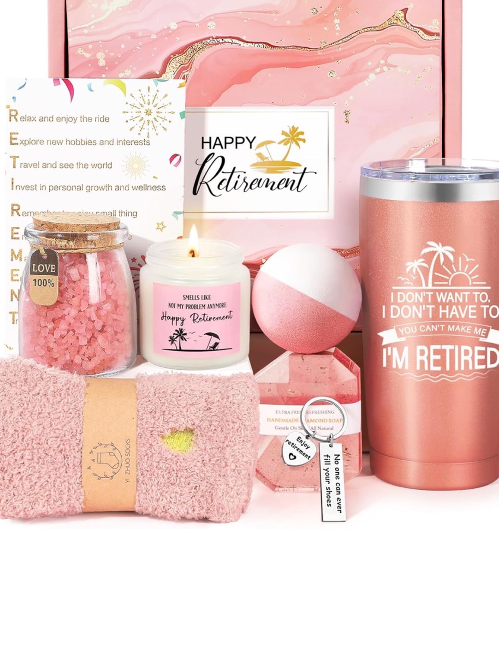 NIB Retirement Gift Set Pink Tumbler Candle Socks Bath Salts Keychain Woman Gift